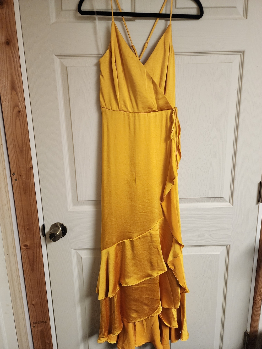Yellow Ruffle Wrap Maxi Dress with Spaghetti Straps